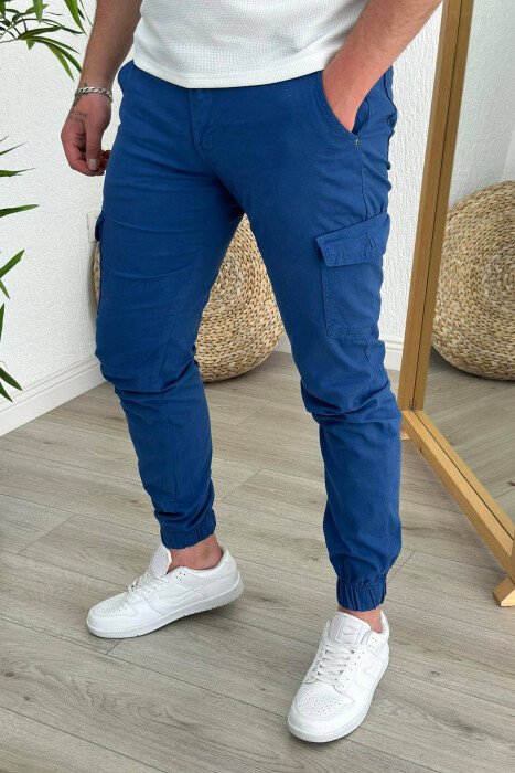 POCKET ONE COLOR MEN CARGO PANTS BLUE/BLU - KLAUDIO FASHION