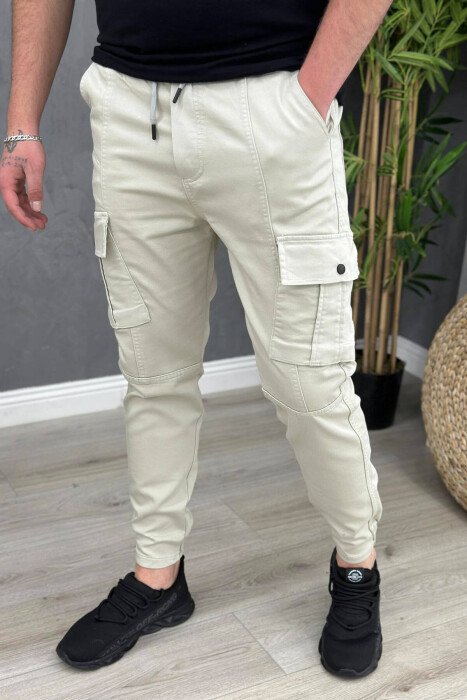 POCKET ONE COLOR MEN CARGO PANTS CREAM/KREM - KLAUDIO FASHION