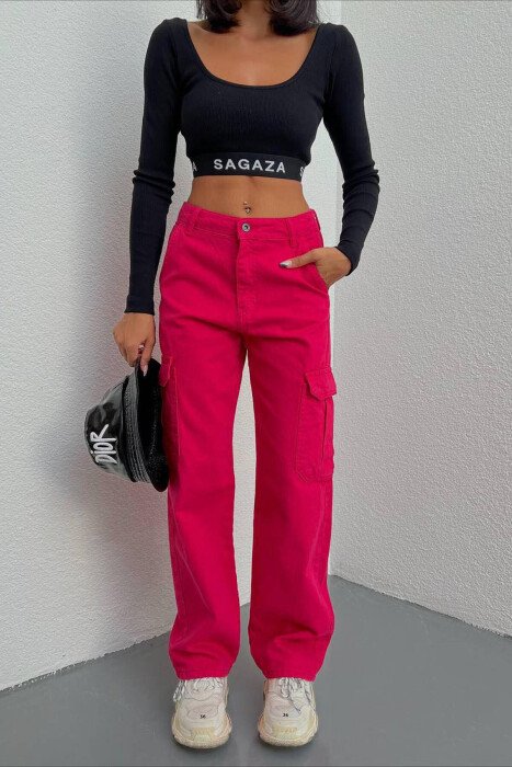 POCKET ONE COLOR WOMAN CARGO JEANS FUCHSIA/CIKLAMI - KLAUDIO FASHION