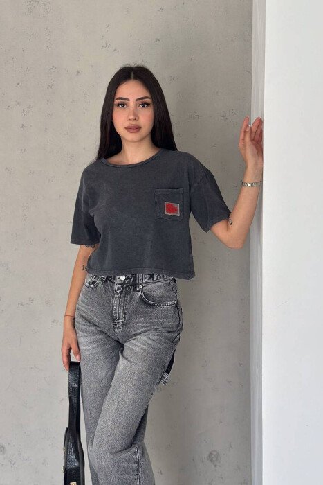 POCKET SHORT COTTON WOMAN T-SHIRT GREY/GRI - KLAUDIO FASHION