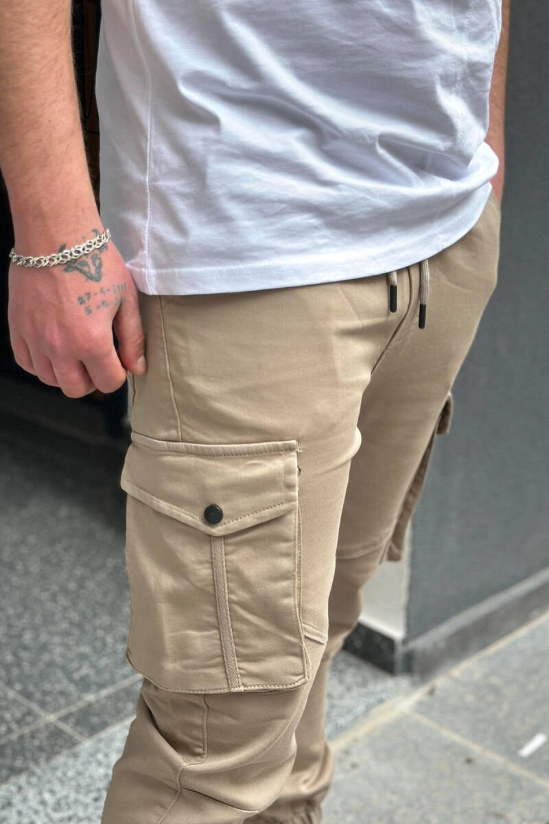 POCKET SIMPLE ONE COLOR MEN CARGO PANTS BEIGE/BEZHE - 5