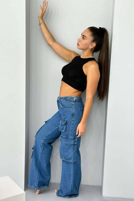 POCKET WIDE LEG CARGO WOMAN JEANS BLUE/BLU - 1
