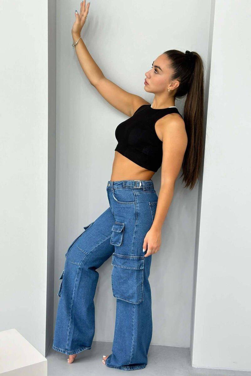 POCKET WIDE LEG CARGO WOMAN JEANS BLUE/BLU - 1