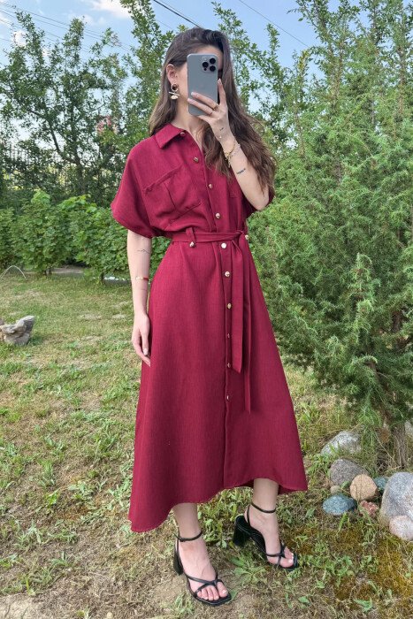 POCKETS DETAIL POLO NECK LACING WOMEN DRESS BURGUNDY/VISHNJE - 4