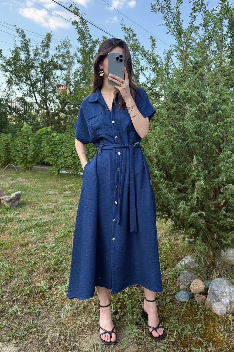 POCKETS DETAIL POLO NECK LACING WOMEN DRESS DARK BLUE/BEE - 1