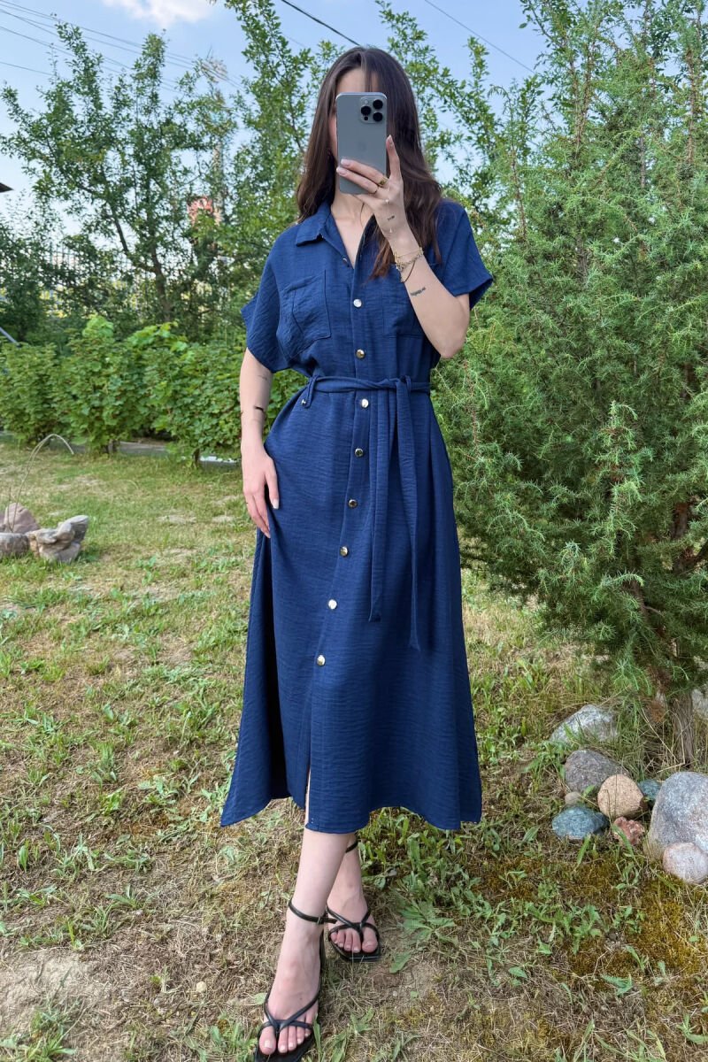 POCKETS DETAIL POLO NECK LACING WOMEN DRESS DARK BLUE/BEE - 2