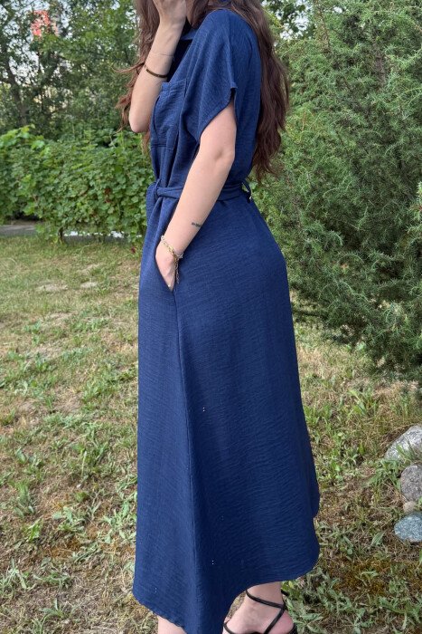 POCKETS DETAIL POLO NECK LACING WOMEN DRESS DARK BLUE/BEE - 4