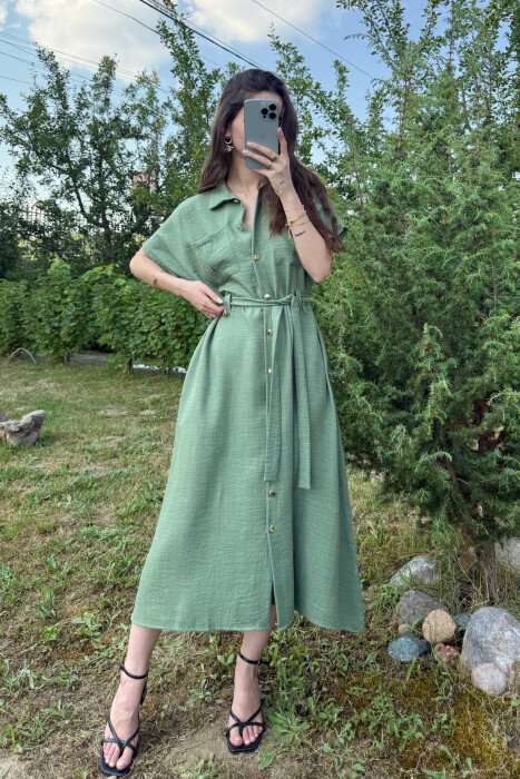 POCKETS DETAIL POLO NECK LACING WOMEN DRESS GREEN/JESHILE - KLAUDIO FASHION