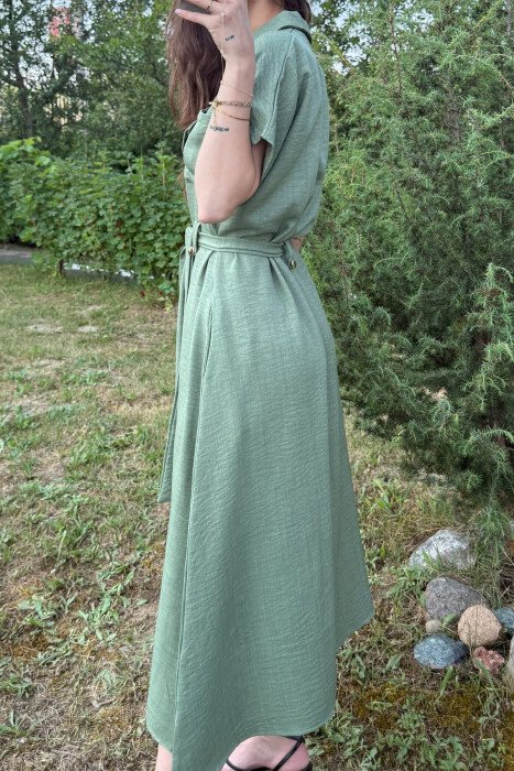 POCKETS DETAIL POLO NECK LACING WOMEN DRESS GREEN/JESHILE - 3