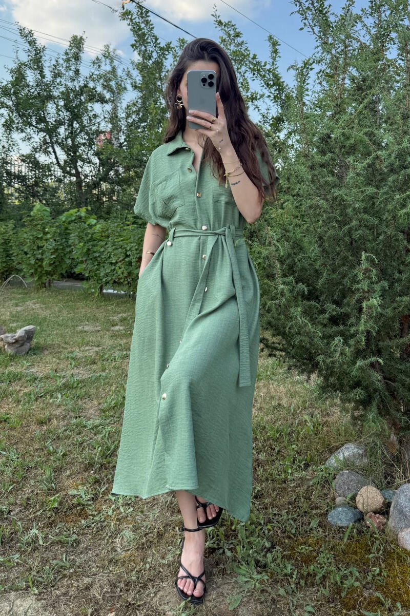 POCKETS DETAIL POLO NECK LACING WOMEN DRESS GREEN/JESHILE - 4