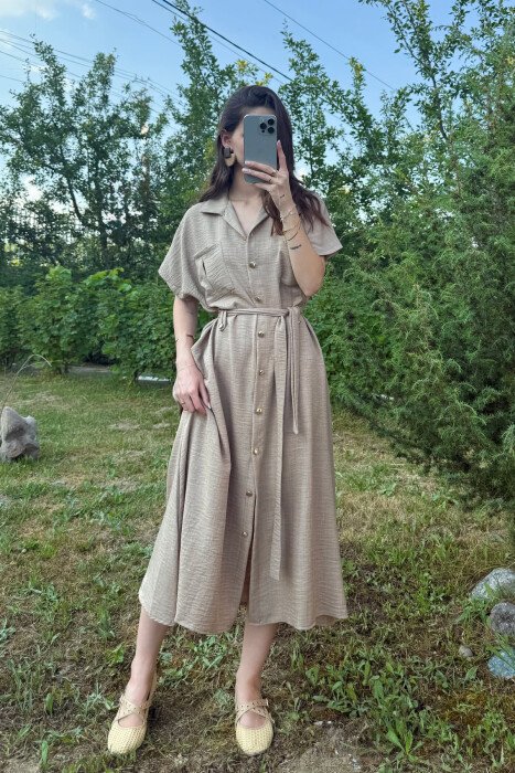 POCKETS DETAIL POLO NECK LACING WOMEN DRESS LIGHT BROWN/KAZB - KLAUDIO FASHION