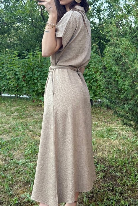 POCKETS DETAIL POLO NECK LACING WOMEN DRESS LIGHT BROWN/KAZB - 3