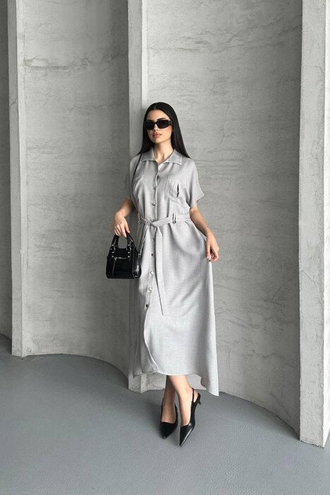 POCKETS DETAIL POLO NECK LACING WOMEN DRESS LIGHT GREY/GZ - KLAUDIO FASHION