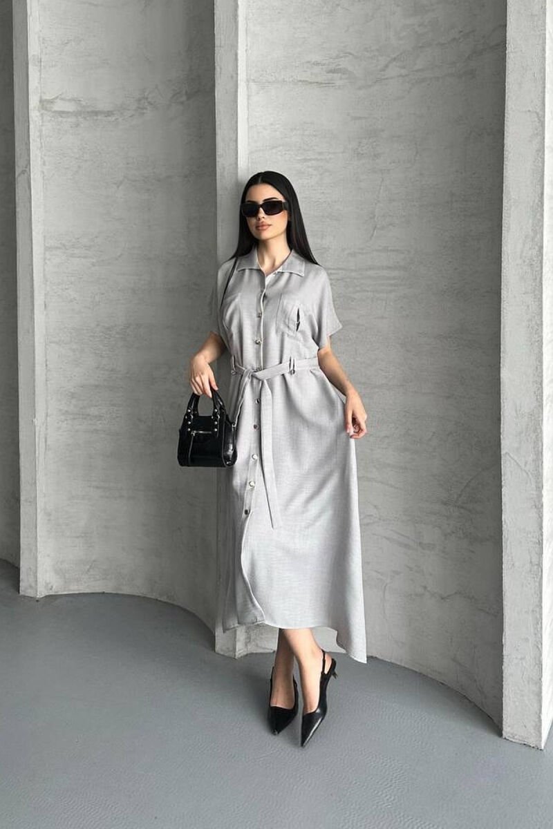 POCKETS DETAIL POLO NECK LACING WOMEN DRESS LIGHT GREY/GZ - 1