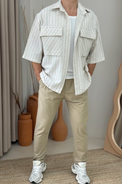 POCKETS DETAIL SHORT SLEEVES STRIPED MEN SHIRT CREAM/KREM - 1