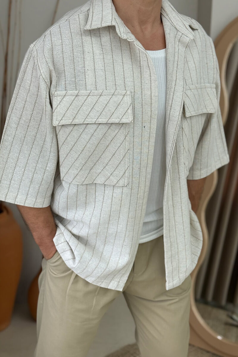 POCKETS DETAIL SHORT SLEEVES STRIPED MEN SHIRT CREAM/KREM - 3