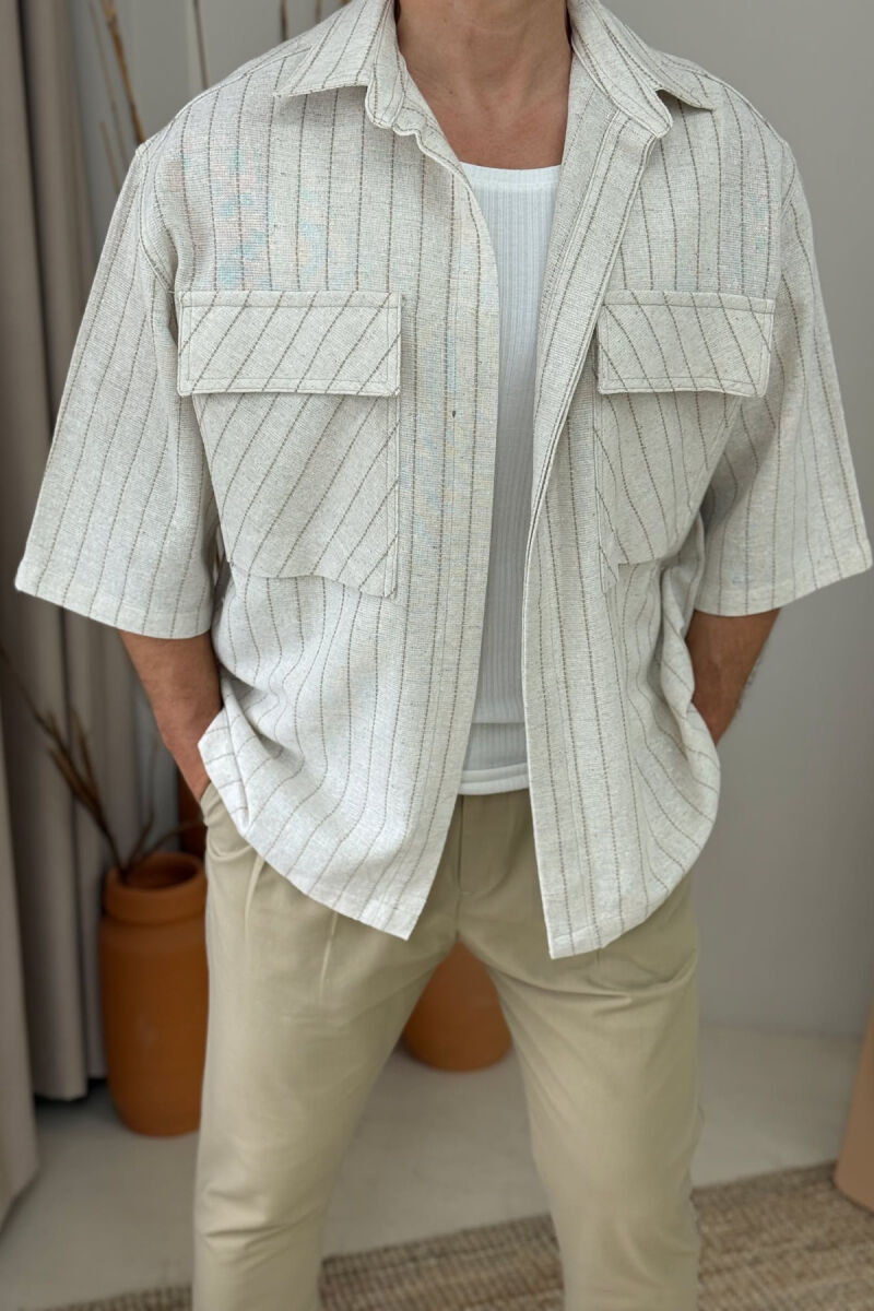 POCKETS DETAIL SHORT SLEEVES STRIPED MEN SHIRT CREAM/KREM - 4