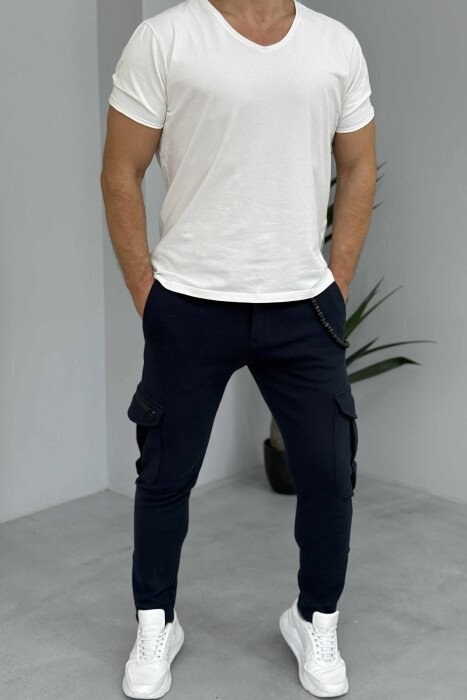 POCKETS DETAIL SIMPLE MEN PANTS DARK BLUE/BEE - 1