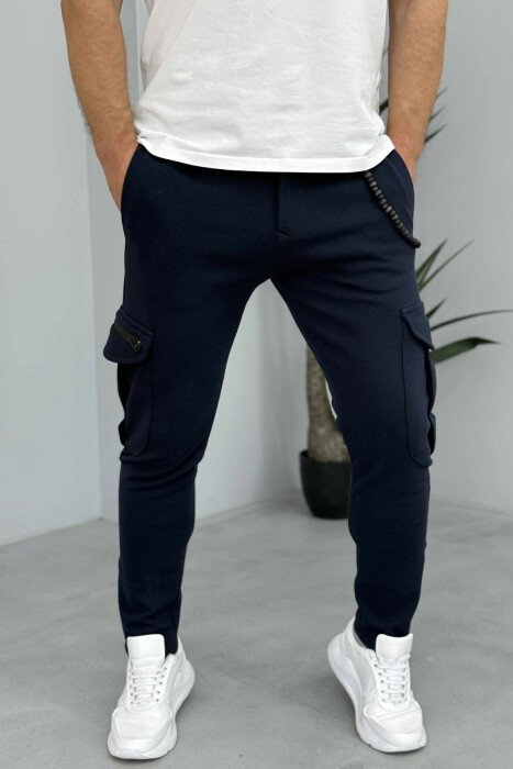 POCKETS DETAIL SIMPLE MEN PANTS DARK BLUE/BEE - 4