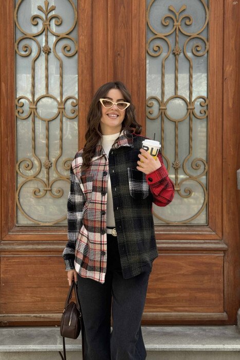 POCKETS DETAIL SIMPLE PLAID WOMEN JACKET RED+GREEN/KUQE+JESHILE - KLAUDIO FASHION