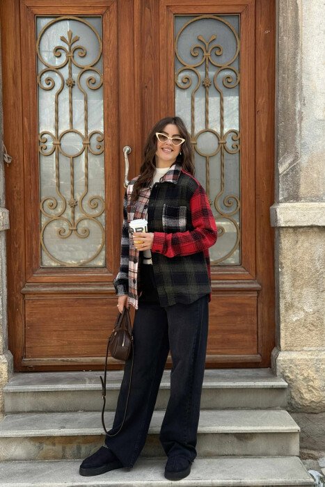 POCKETS DETAIL SIMPLE PLAID WOMEN JACKET RED+GREEN/KUQE+JESHILE - 5