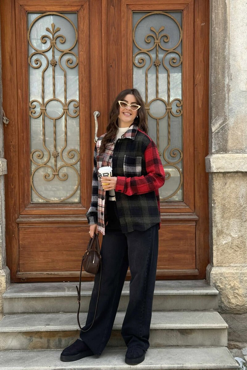 POCKETS DETAIL SIMPLE PLAID WOMEN JACKET RED+GREEN/KUQE+JESHILE - 5