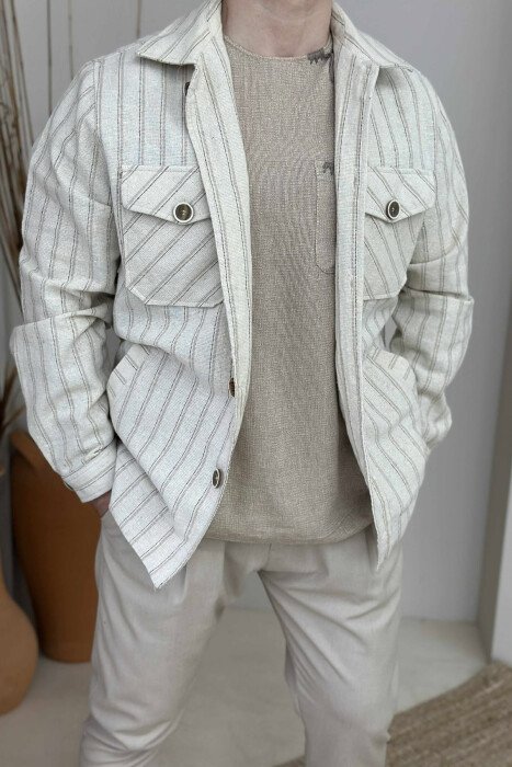 POCKETS DETAIL STRIPES MEN JACKET CREAM/KREM - KLAUDIO FASHION