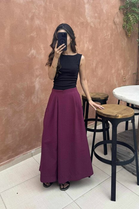 POCKETS DETAIL WIDE LEG WOMEN TROUSERS BURGUNDY/VISHNJE - 3