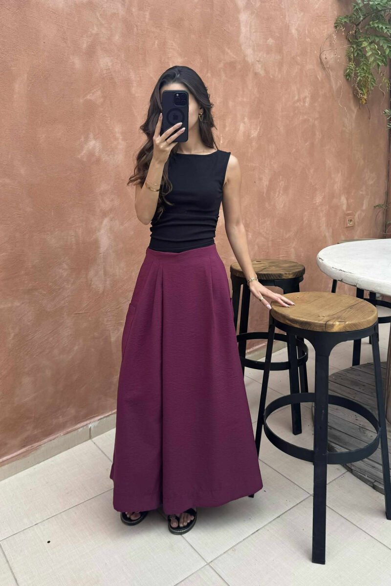 POCKETS DETAIL WIDE LEG WOMEN TROUSERS BURGUNDY/VISHNJE - 3