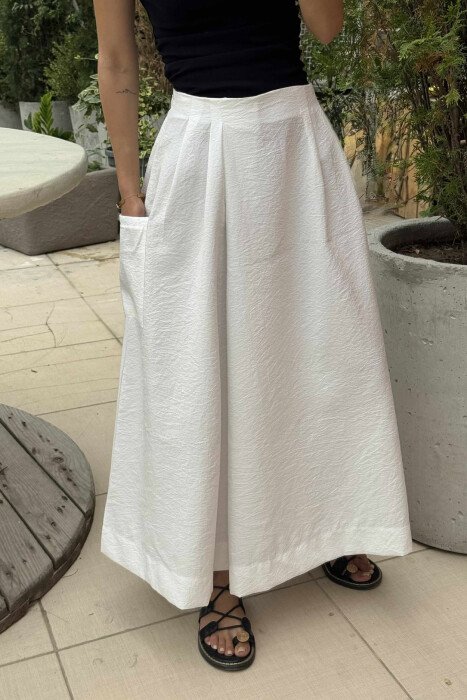 POCKETS DETAIL WIDE LEG WOMEN TROUSERS WHITE-E BARDHE - KLAUDIO FASHION