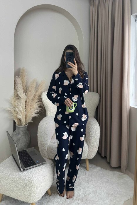 POLAR BEAR DESIGN SHIRT+TROUSERS WOMEN PYJAMAS DARK BLUE/BEE - KLAUDIO FASHION