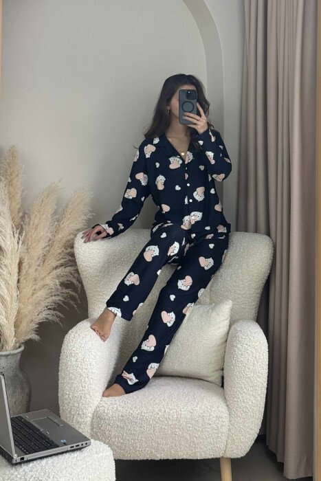 POLAR BEAR DESIGN SHIRT+TROUSERS WOMEN PYJAMAS DARK BLUE/BEE - 3