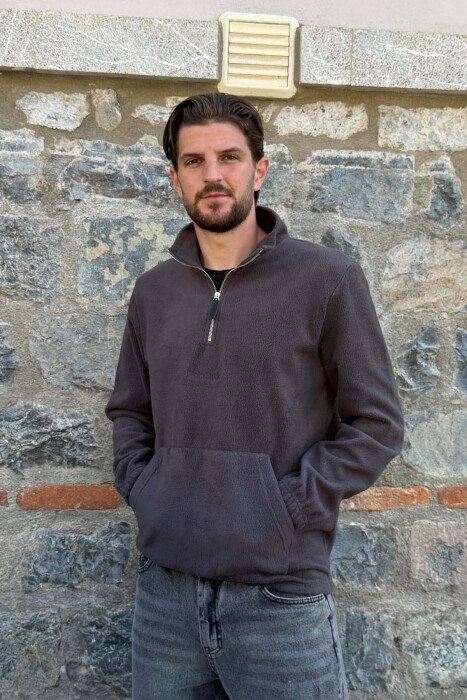 POLAR ZIPPER NECK ONE COLOR MEN SWEATSHIRT GREY/GRI - KLAUDIO FASHION