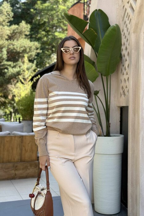 POLO NECK STRIPE DESIGN WOMEN SWEATER BEIGE/BEZHE - KLAUDIO FASHION