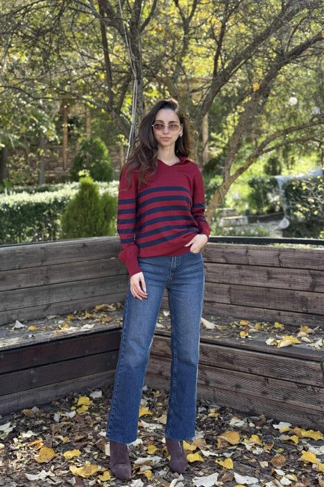 POLO NECK STRIPE DESIGN WOMEN SWEATER BURGUNDY-BLUE/VISHNJE-BLU - KLAUDIO FASHION