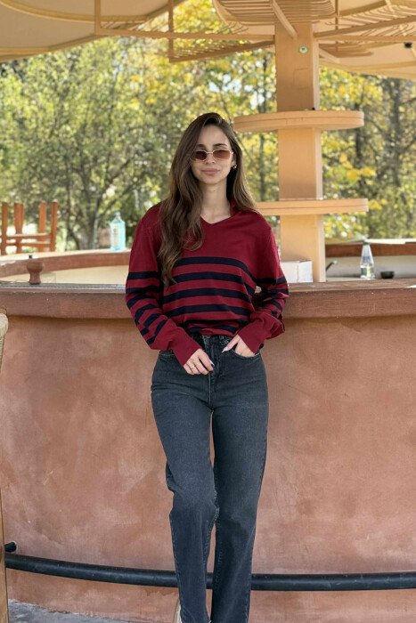 POLO NECK STRIPE DESIGN WOMEN SWEATER BURGUNDY/VISHNJE - KLAUDIO FASHION