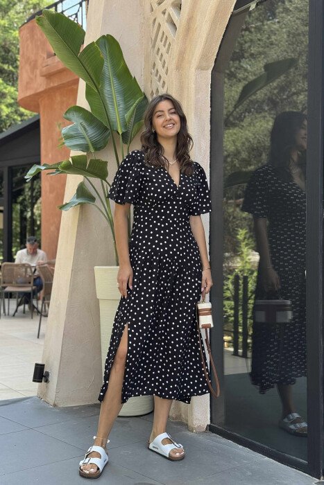 POLKA DETAIL LONG WOMEN DRESS BLACK/ E ZEZE - 3