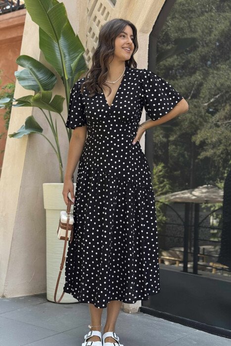 POLKA DETAIL LONG WOMEN DRESS BLACK/ E ZEZE - KLAUDIO FASHION