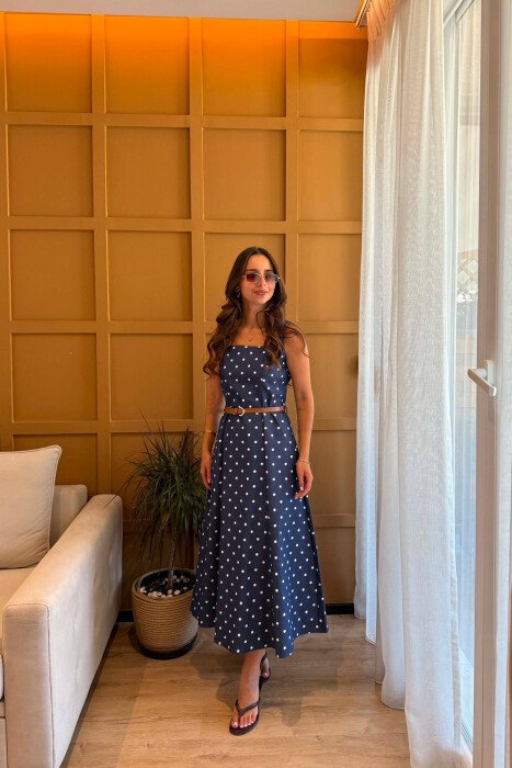 POLKA DOTS BELT DETAIL WOMAN DRESS BLUE/BLU - KLAUDIO FASHION
