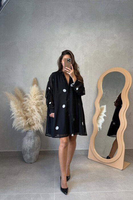POLKA DOTS BUTTONED WOMEN DRESS BLACK/ E ZEZE - 1
