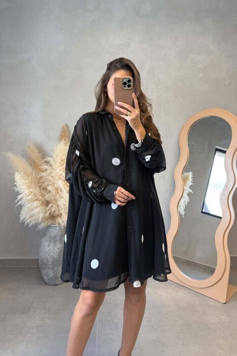 POLKA DOTS BUTTONED WOMEN DRESS BLACK/ E ZEZE - 2