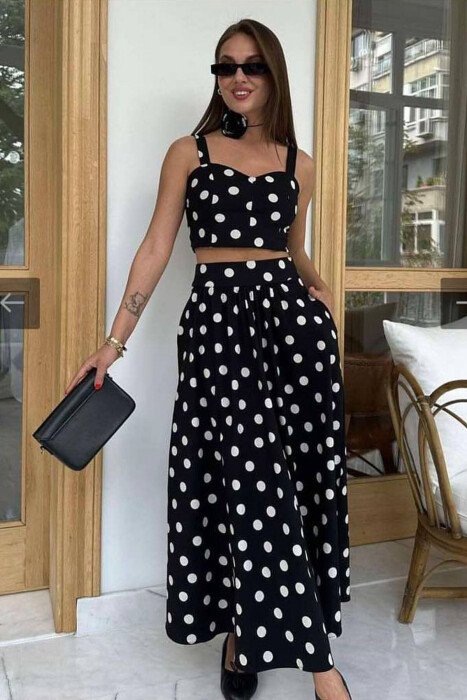 POLKA DOTS CROP+SKIRT WOMEN SET BLACK/ E ZEZE - 1