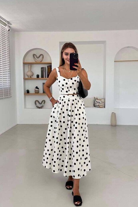 POLKA DOTS CROP+SKIRT WOMEN SET WHITE-E BARDHE 