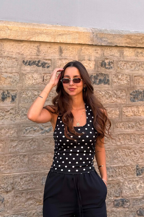 POLKA DOTS DESIGN SIMPLE WOMEN TANK TOP BLACK/ E ZEZE - KLAUDIO FASHION