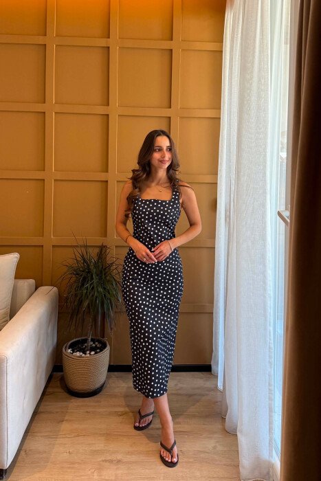 POLKA DOTS DESIGN WOMEN DRESS DARK BLUE/BEE - 2