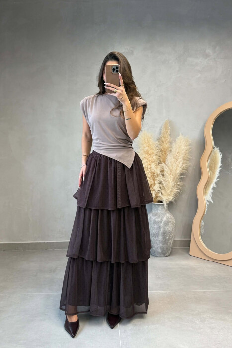 POLKA DOTS ELASTIC WAIST LONG WOMAN SKIRT BROWN/KAFE - 