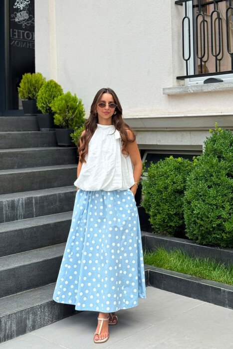 POLKA DOTS ELASTIC WAIST WOMAN SKIRT LIGHTBLUE/BZ - KLAUDIO FASHION