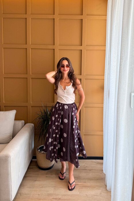 POLKA DOTS ELASTIC WAIST WOMEN SKIRT BROWN/KAFE - 1