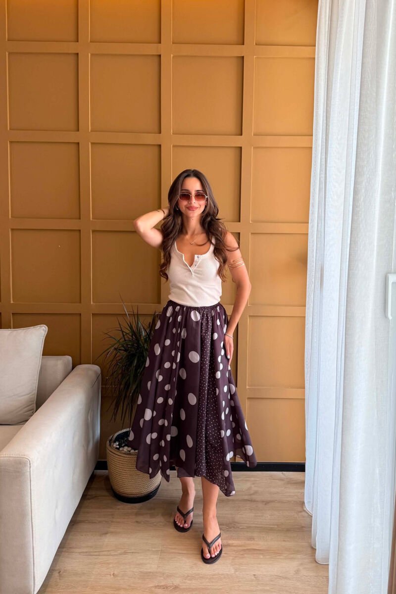 POLKA DOTS ELASTIC WAIST WOMEN SKIRT BROWN/KAFE - 1