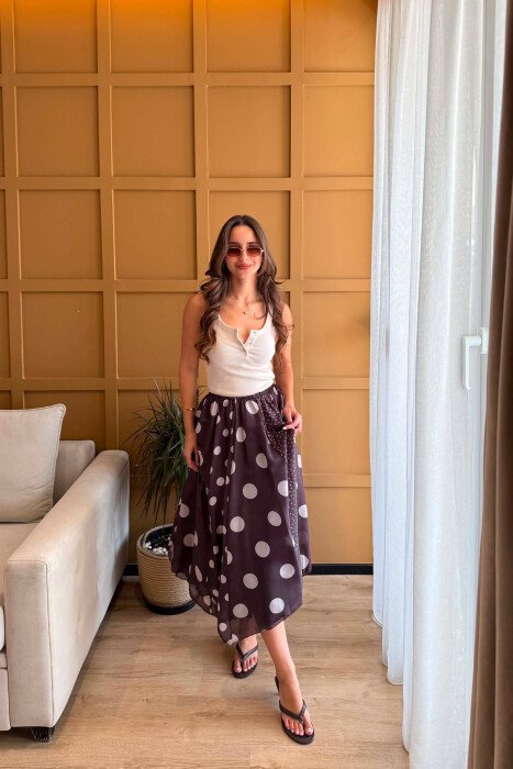 POLKA DOTS ELASTIC WAIST WOMEN SKIRT BROWN/KAFE - 2